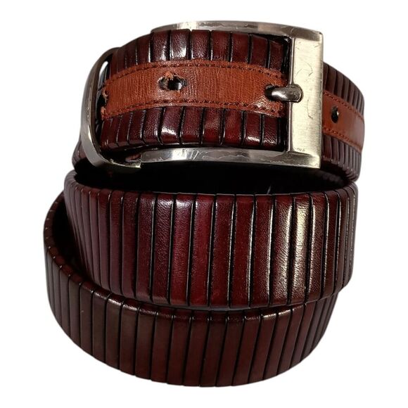 Mezlan Belt Burgundy Brown Vertical Slit Leather Men's 34 - Picture 1 of 9